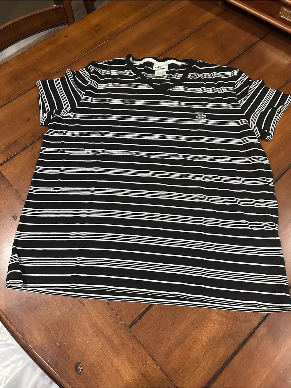 Lacoste Black & White Striped V‑Neck Tee